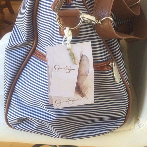 NWT Jessica Simpson Navy Striped With Brown Breton Weekender - Picture 14 of 16